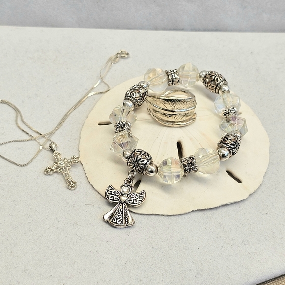 Jewelry - SET! 925 Cross with 925 Feather Ring & Stretch Angel Bead Bracelet  SET!